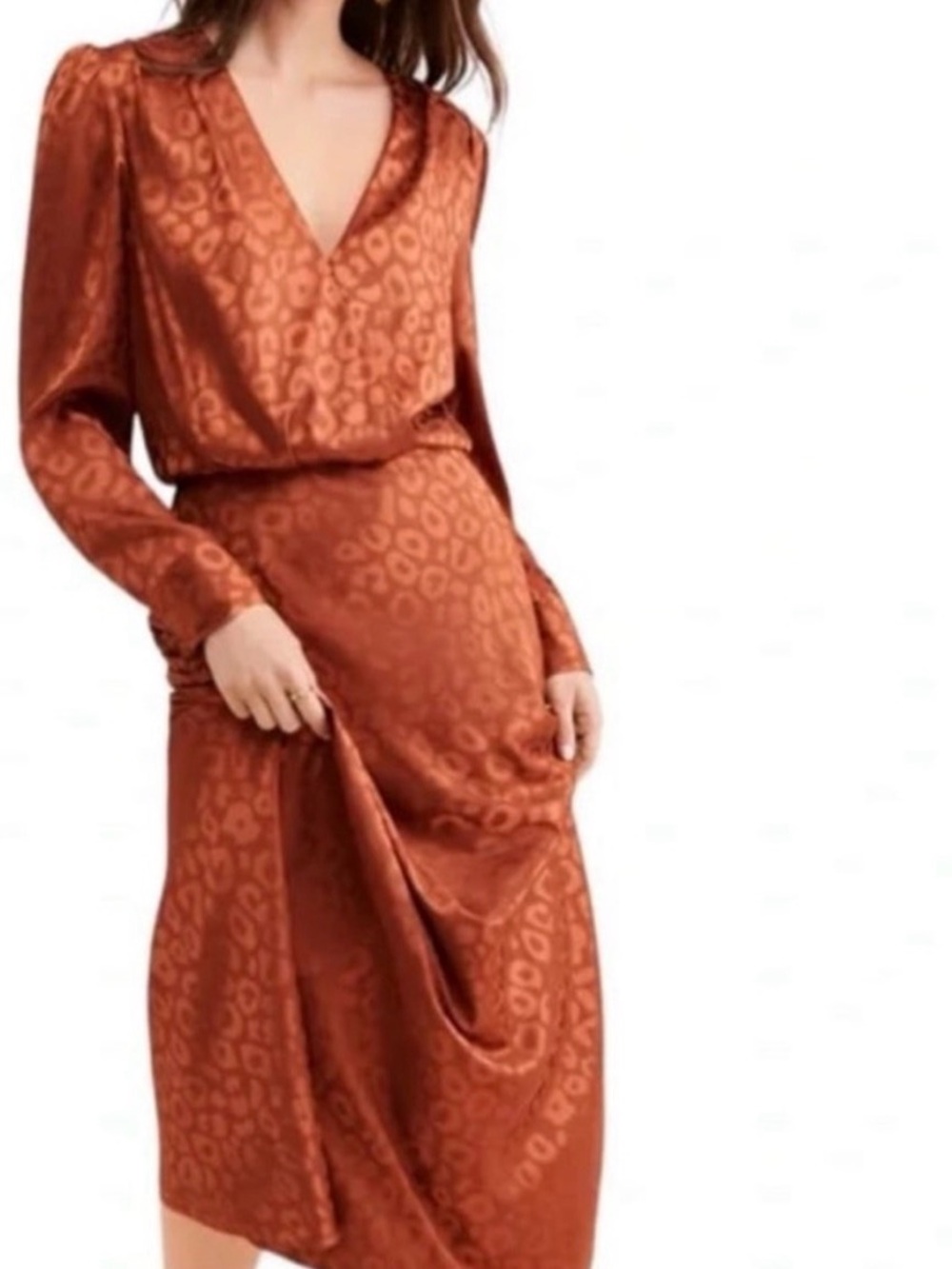 Favorite Daughter Satin Wrap Midi Dress in Rust Leopard
